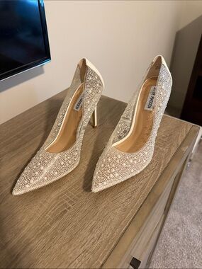 Steve Madden Ivory Pearl & Bead Embellished Pointed Toe Stilettos